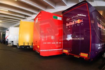 World © Octane Photographic Ltd. Formula 1 Monte Carlo - Monaco. Practice 1. The F1 transporters parked up in a car park for a change - these from Infiniti Red Bull Racing and Scuderia Ferrari. . Digital Ref :
