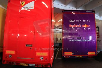World © Octane Photographic Ltd. Formula 1 Monte Carlo - Monaco. Practice 1. The F1 transporters parked up in a car park for a change - these from Infiniti Red Bull Racing and Scuderia Ferrari. Digital Ref :