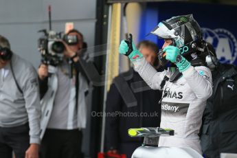 World © Octane Photographic Ltd. Saturday 5th July 2014. British GP, Silverstone, UK. - Formula 1 Qualifying Parc Ferme. Mercedes AMG Petronas F1 W05 Hybrid - Nico Rosberg. Digital Ref: 1018LB1D0251