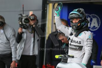 World © Octane Photographic Ltd. Saturday 5th July 2014. British GP, Silverstone, UK. - Formula 1 Qualifying Parc Ferme. Mercedes AMG Petronas F1 W05 Hybrid - Nico Rosberg. Digital Ref: 1018LB1D0261