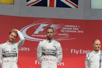 World © Octane Photographic Ltd. Mercedes AMG Petronas Hybrid – Lewis Hamilton (1st), Nico Rosberg (2nd) and Williams Martini Racing – Valtteri Bottas (3rd). Sunday 7th June 2015, F1 Canadian GP Podium, Circuit Gilles Villeneuve, Montreal, Canada. Digital Ref: 1300LB1D4124
