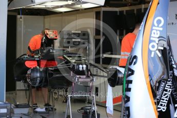 World © Octane Photographic Ltd. Sahara Force India VJM09 - Sergio Perez garage still in setup stage. Wednesday 16th March 2016, F1 Australian GP, Melbourne, Albert Park, Australia. Digital Ref : 1513LB1D9556