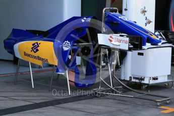 World © Octane Photographic Ltd. Sauber F1 Team C35 – Marcus Ericsson garage in setup stage. Wednesday 16th March 2016, F1 Australian GP, Melbourne, Albert Park, Australia. Digital Ref : 1513LB1D9562