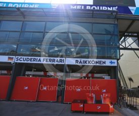 World © Octane Photographic Ltd. Scuderia Ferrari – Kimi Raikkonen garage in set up. Wednesday 16th March 2016, F1 Australian GP, Melbourne, Albert Park, Australia. Digital Ref : 1513LB5D0818