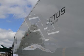 World © Octane Photographic 2010. 2010 Classic Lotus Festival, Snetterton. June 20th 2010. Lotus F1 car transporter. Digital Ref : 0028CB7D7190