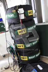 World © Octane Photographic 2010. 2010 Classic Lotus Festival, Snetterton. June 20th 2010. Tyre warmers in the Lotus F1 garage - Lotus T124. Digital Ref : 0028CB5D3572