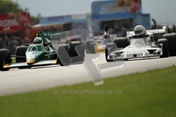 World © Octane Photographic 2010. 2010 Donington Revived! meeting, September 5th 2010. MastersGP - Historic Formula 1, Historic F1. Tyrrell 012 - Ian Simmonds, Surtees TS19 - Richard Austin. Digital ref : 0029CB1D2633
