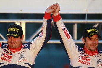 © North One Sport Limited 2010/ Octane Photographic Ltd. 2010 WRC Great Britain Podium, Sunday 14th November 2010, Loeb and Elena on the bonnet of their Citroen C4 WRC. Digital ref : 0114CB1D1382