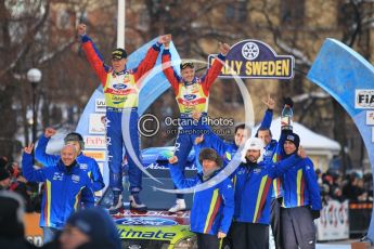 © North One Sport Ltd.2010 / Octane Photographic Ltd.2010. WRC Sweden Podium, February 14th 2010, The victorious Ford team gather on the podium. Digital Ref : 0138CB1D3183