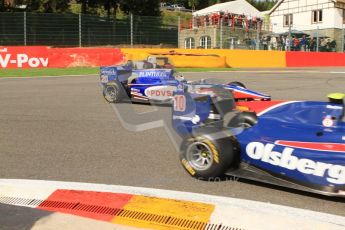 © Octane Photographic Ltd. 2011. Belgian Formula 1 GP, GP2 Race 2 - Sunday 28th August 2011. Marcus Ericsson of iSport International and Rodolfo Gonzalez of Trident Racing taking on La Source as Julian Leal of Rapax Team retires.  Digital Ref : 0205cb7d0304