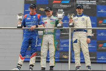 © Octane Photographic 2011 – British Formula 3 - Donington Park - Race 2. 25th September 2011, William Buller, Valtteri Bottas and Manasheh Idafar on the podium. Digital Ref : 0186lw1d7248