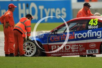 © Octane Photographic Ltd. 2011. British Touring Car Championship – Snetterton 300, Lea Wood - Honda Integra - Central Group racing, looses his front left wheel on race 1's green flag lap. Sunday 7th August 2011. Digital Ref : 0124CB1D4071