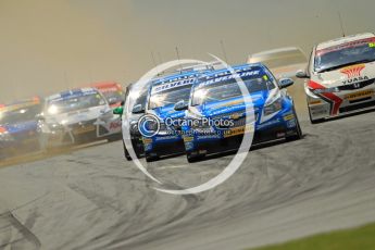 © Octane Photographic Ltd. 2011. British Touring Car Championship – Snetterton 300, Jason Plato - Chevrolet Cruze - leads the field though the flying dust of a spinning Matt Neal. Sunday 7th August 2011. Digital Ref : 0124CB1D4158