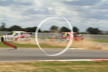 © Octane Photographic Ltd. 2011. British Touring Car Championship – Snetterton 300, flying bodywork as Liam Griffin's Airwaves Racing Ford Focus comes off 2nd best fighting with Rob Austin's Audi A4. Sunday 7th August 2011. Digital Ref : 0124CB7D0035