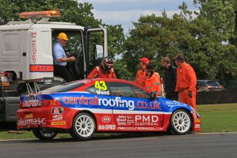 © Octane Photographic Ltd. 2011. British Touring Car Championship – Snetterton 300, Sunday 7th August 2011. Lea Wood - Honda Integra - Central Group Racing loses a wheel as marshalls look on. Digital Ref : 0124LW7D0162