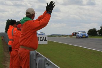 © Octane Photographic Ltd. 2011. British Touring Car Championship – Snetterton 300, Sunday 7th August 2011. Marshalls cheer the finishing cars. Digital Ref : 0124LW7D0978