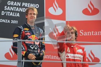 © Octane Photographic Ltd. 2011. Formula 1 World Championship – Italy – Monza – 11th September 2011 – Podium – Sebastian Vettel (Red Bull) and Fernando Alonso (Ferrari) on the podium. Digital Ref :  0178CB1D4152
