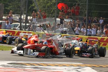 © Octane Photographic Ltd. 2011. Formula 1 World Championship – Italy – Monza – 11th September 2011 - Fernando Alonso (Ferrari) and Sebastian Vettel (Red Bull) lead the pack on lap 1 – Race – Digital Ref :  0177CB7D7835