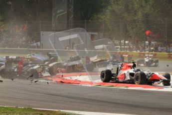 © Octane Photographic Ltd. 2011. Formula 1 World Championship – Italy – Monza – 11th September 2011 - Debris showers the track after the accident caused by Viantonio Liutzi (HRT) takes out Nico rosberg (Mercedes) and Vitaly Petrov (Renault) – Race – Digital Ref :  0177CB7D7861