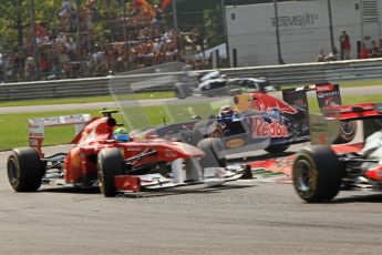 © Octane Photographic Ltd. 2011. Formula 1 World Championship – Italy – Monza – 11th September 2011 Mark Webber impact the rear left wheel of Felipe Massa's Ferrari in teh 1st chicane after the race resumes after the 1st accident – Race – Digital Ref : 0177CB7D7980