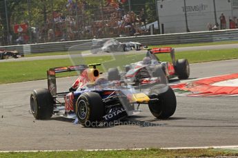© Octane Photographic Ltd. 2011. Formula 1 World Championship – Italy – Monza – 11th September 2011 Mark Webber's wing is lodged in his Red Bull RB7's front suspension after hitting the Ferrari of Felipe Massa – Race – Digital Ref :  0177CB7D7987