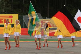 © Octane Photographic Ltd. 2011. Formula One Belgian GP – Spa – Sunday 28th August 2011 – Drivers’ parade and starting grid. The "grid girls" with the drivers' flags. Digital Reference : 0167lw7d8383