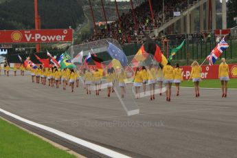 © Octane Photographic Ltd. 2011. Formula One Belgian GP – Spa – Sunday 28th August 2011 – Drivers’ parade and starting grid. The "Grid Girls" move into position. Digital Reference : 0167lw7d8412