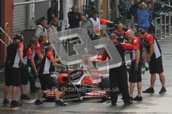 © Octane Photographic Ltd. 2011. Formula One Belgian GP – Spa – Friday 26th August 2011 – Free Practice 1, Jerome d'Ambrosio - Marussia Virgin Racing VMR02 in the pits. Digital Reference : 0163LW7D1257