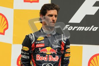 © Octane Photographic Ltd. 2011. Formula One Belgian GP – Spa – Sunday 28th August 2011 – Mark Webber on the podium. Digital Reference : 0169cb1d1025