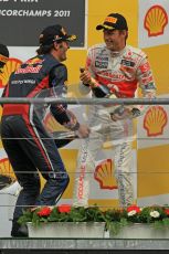 Β© Octane Photographic Ltd. 2011. Formula One Belgian GP β Spa β Sunday 28th August 2011 β Jenson Button and Mark webber ready to spray the Champagne on the podium. Digital Reference : 0169cb1d1096