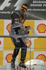 © Octane Photographic Ltd. 2011. Formula One Belgian GP – Spa – Sunday 28th August 2011 – Sebastian Vettel gets a face-full of victory Champagne. Digital Reference : 0169cb1d1104