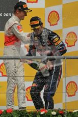 Β© Octane Photographic Ltd. 2011. Formula One Belgian GP β Spa β Sunday 28th August 2011 β Jenson Button and Mark Webber on the podium. Digital Reference : 0169cb1d1113