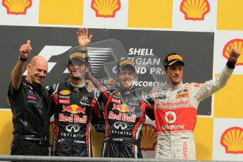 © Octane Photographic Ltd. 2011. Formula One Belgian GP – Spa – Sunday 28th August 2011 – Vettel, Button, Webber and Newey wave to the crowd. Digital Reference : 0169cb1d1177