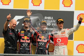 Β© Octane Photographic Ltd. 2011. Formula One Belgian GP β Spa β Sunday 28th August 2011 β Vettel, Button, Webber and Newey wave to the crowd. Digital Reference : 0169cb1d1177