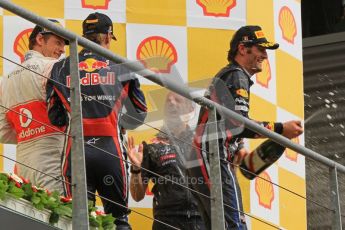 © Octane Photographic Ltd. 2011. Formula One Belgian GP – Spa – Sunday 28th August 2011 – Vettel, Button and Webber on the podium. Digital Reference : 0169lw7d0246