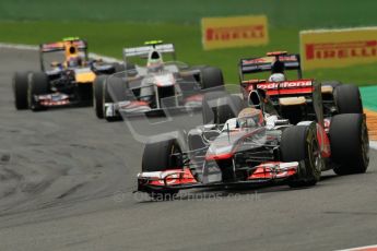 © Octane Photographic Ltd. 2011. Formula One Belgian GP – Spa – Sunday 28th August 2011 – Race. Lewis Hamilton in his McLaren MP4/26 fights for his place going into bus stop. Digital Reference : 0168cb1d0430
