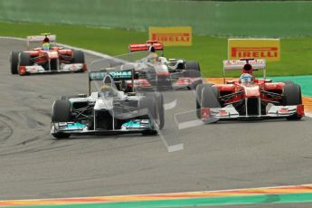 © Octane Photographic Ltd. 2011. Formula One Belgian GP – Spa – Sunday 28th August 2011 – Race. Nico Rosberg holds off Fernando Alonso on the run into Bus Stop. Digital Reference : 0168cb1d0626