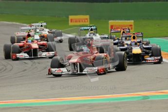 © Octane Photographic Ltd. 2011. Formula One Belgian GP – Spa – Sunday 28th August 2011 – Race. Fernando Alonso leads Mark Webber as Vettel makes a break for the horizon. Digital Reference : 0168cb1d0779