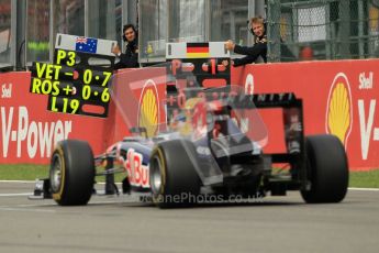 © Octane Photographic Ltd. 2011. Formula One Belgian GP – Spa – Sunday 28th August 2011 – Race. Vettel gets confirmation of his lead from his pit board. Digital Reference : 0168cb1d0831