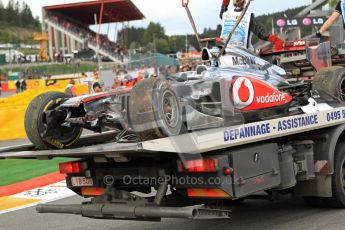 © Octane Photographic Ltd. 2011. Formula One Belgian GP – Spa – Sunday 28th August 2011 – Race. Lewis Hamilton's mangled McLaren MP4/26 being recovered to the team's garage after the race. Digital Reference : 0168cb7d1007