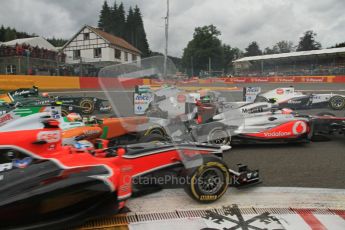 © Octane Photographic Ltd. 2011. Formula One Belgian GP – Spa – Sunday 28th August 2011 – Race. Paul di Resta in his Force India tags the back of Jenson Button's McLaren at the 1st corner on the opening lap. Digital Reference : 0168lw7d8530