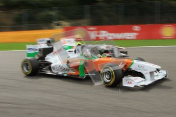 © Octane Photographic Ltd. 2011. Formula One Belgian GP – Spa – Sunday 28th August 2011 – Race. Paul di Resta fighting Kamui Kobayashi through la Source. Digital Reference : 0168lw7d9543