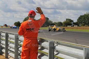 © Octane Photographic Ltd. 2011. Formula Renault 2.0 UK – Snetterton 300, Race 1 winner Tio Ellinas - Atech Reid GP, takes to salute of the trackside marshals. Sunday 7th August 2011. Digital Ref : 0123LW7D0534