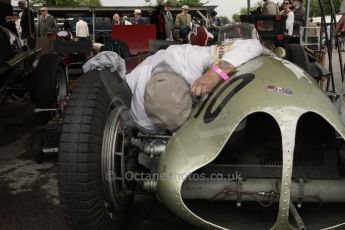 © Octane Photographic 2011 – Goodwood Revival 17th September 2011. ERA undergoing some slight adjustments. Digital Ref : 0179LW7D7391