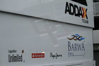 © Octane Photographic 2011. GP2 Official pre-season testing, Silverstone, Tuesday 5th April 2011. Addax logo on transporter. Digital Ref : 0039CB1D6115
