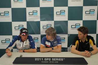 © Octane Photographic Ltd. 2011. European Formula1 GP, Friday 24th June 2011. GP2 Qualifying. GP2 qualifying press conference, Charles Pic and Giedo Van der Garde - Barwa Addax Team, Romain Grosjean - Dams. Digital Ref: 0084CB1D7474