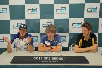© Octane Photographic Ltd. 2011. European Formula1 GP, Friday 24th June 2011. GP2 Qualifying. GP2 qualifying press conference, Charles Pic and Giedo Van der Garde - Barwa Addax Team, Romain Grosjean - Dams. Digital Ref: 0084CB1D7486