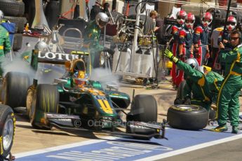 © Octane Photographic Ltd. 2011. European Formula1 GP, Saturday 25th June 2011. GP2 Race 1. Esteban Gutierez exiting the Lotus ART pit after a tyre change. Digital Ref:  0085CB1D7992