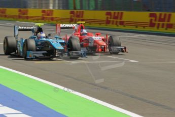 © Octane Photographic Ltd. 2011. European Formula1 GP, Saturday 25th June 2011. GP2 Race 1. Johnny Cecotto Jnr. - Ocean Racing Technology and Jolyon Palmer - Arden International wheel to wheel over the line. Digital Ref:  0085CB1D8114