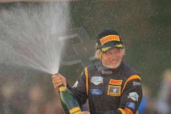 © North One Sport Ltd 2011 / Octane Photographic Ltd 2011. 13th November 2011 Wales Rally GB, Podium. Gareth Roberts (Craig Breen's co-driver) sprays his Champagne on the Cardiff podium Digital Ref : 0201cb1d9852